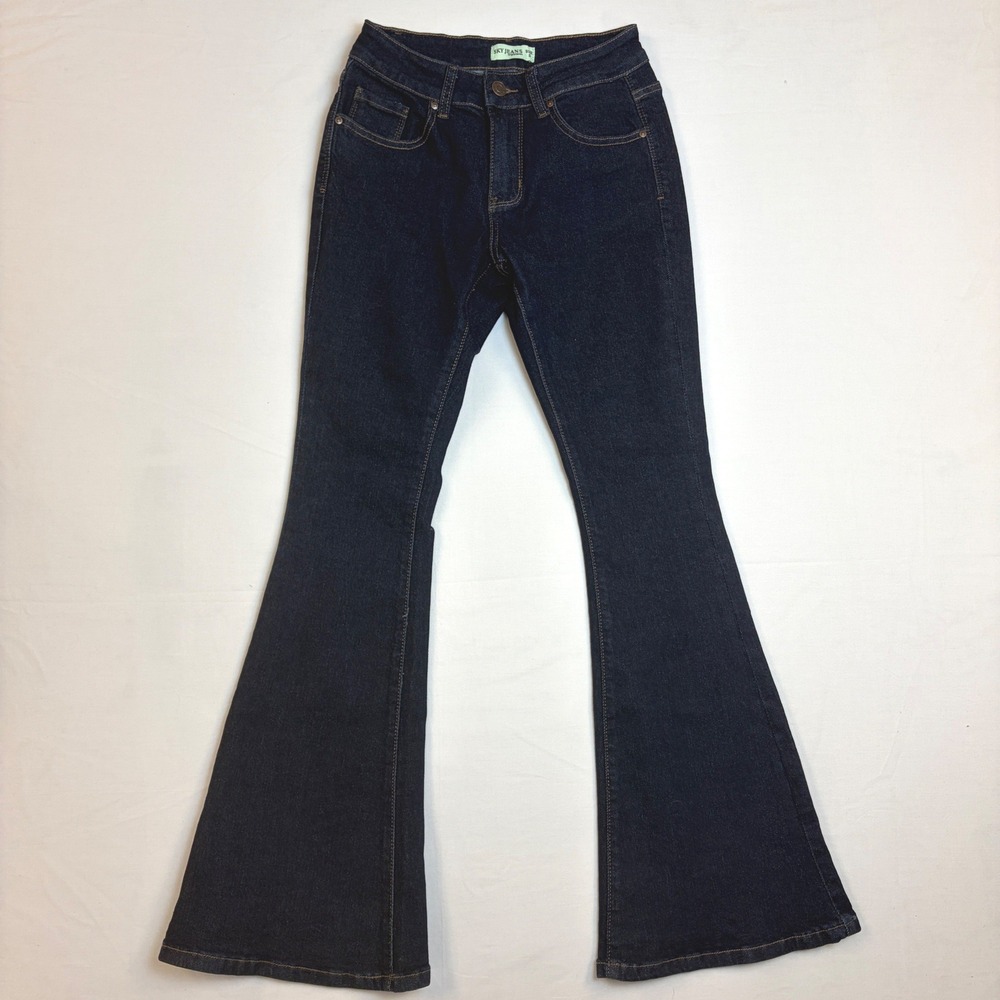 Sky Jeans Dark Wash Flare Bell Bottom Denim Indigo Blue Size 5 Retro 70s Hippie